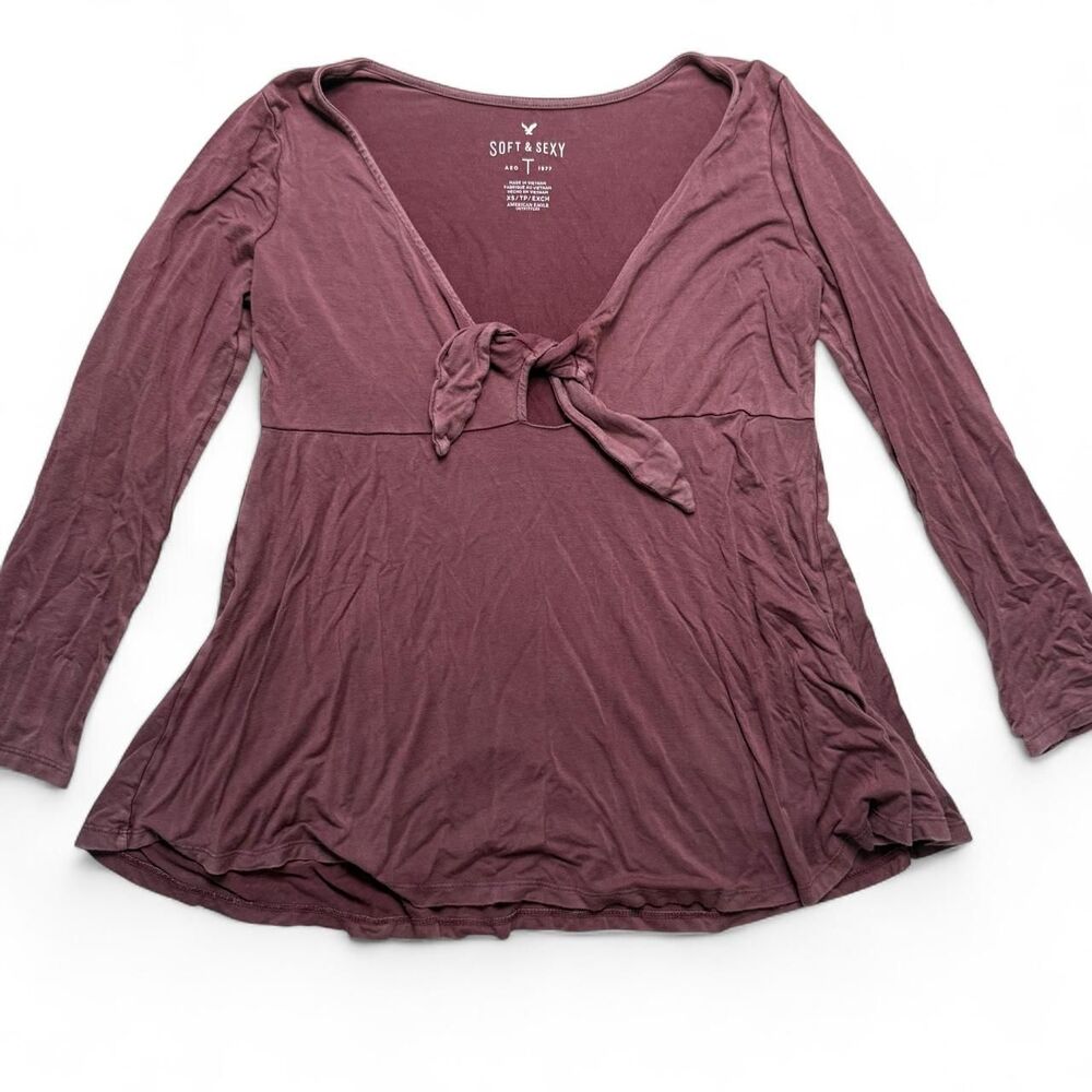 American Eagle Soft Sexy Tie Front Babydoll Top Womens VS Mauve Plum Purple - Picture 3 of 7